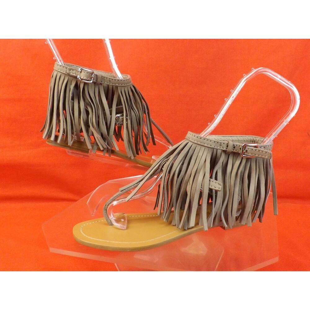 NIB PRADA 1Y703F BEIGE SUEDE FRINGE TRIMMED DOUBLE BUCKLE THONG FLAT SANDALS 36 - Picture 7 of 10
